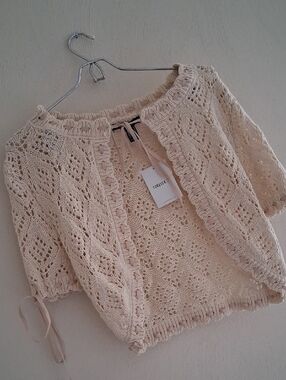 Forever 21 Cream Crochet Openwork Short Cardigan
